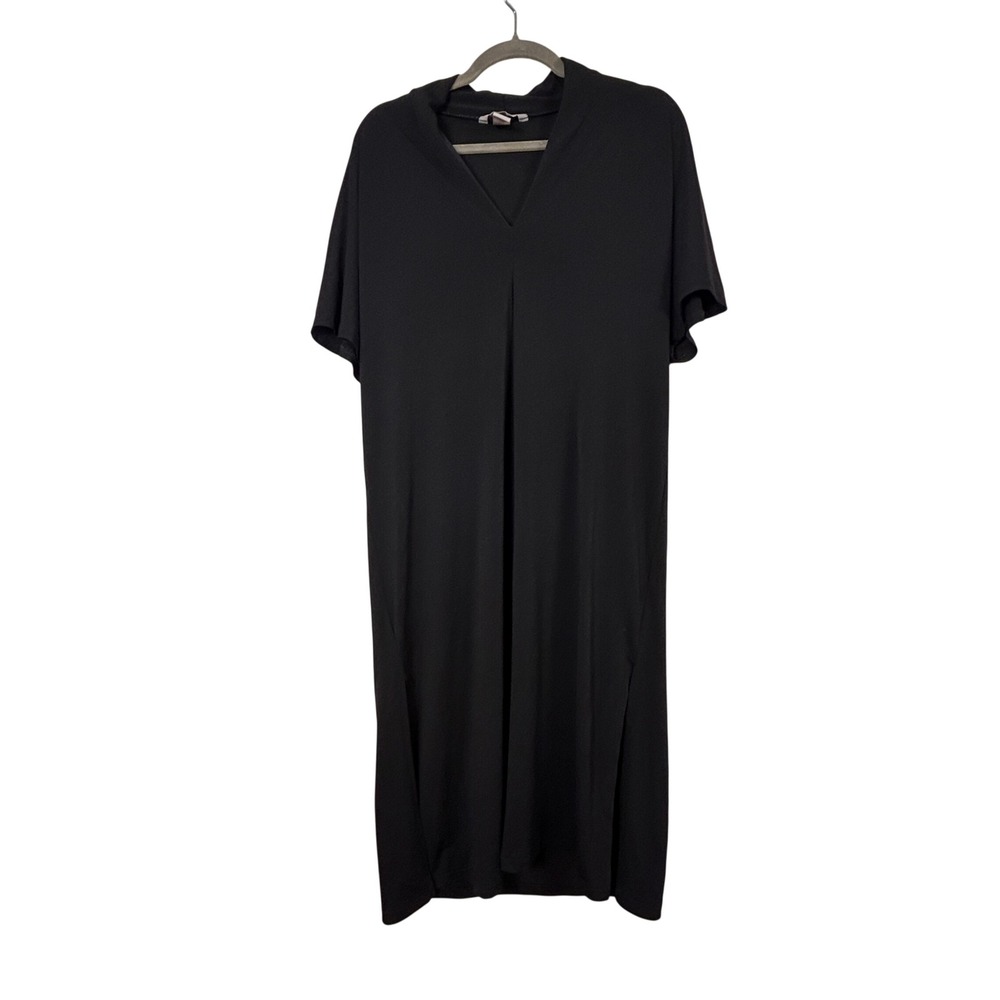 H&M Black V-Neck Short Sleeve Midi Shift Dress Side Slit Women's Size Medium